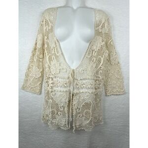 Design Works Cream Crochet Lace Floral Cardigan Tie Front 100% Cotton XL 00652